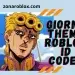Texto: Giorno Theme Roblox Id Codes, sobre imagen de la canción y fondo azul.