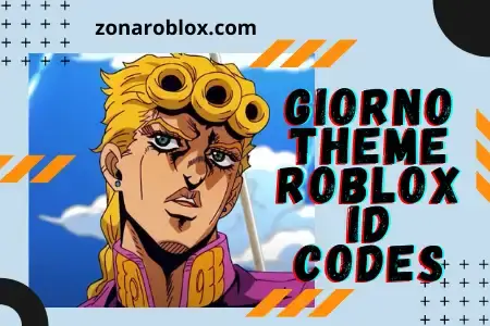 Texto: Giorno Theme Roblox Id Codes, sobre imagen de la canción y fondo azul.