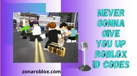 Texto: Never Gonna Give You Up Roblox Id Codes sobre imagen de avatares bailando.